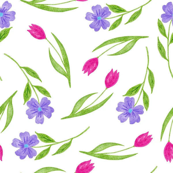 Akvarell Zökkenőmentes Kézzel Rajzolt Minta Tavaszi Nyári Virágok Kék Százszorszép — Stock Fotó