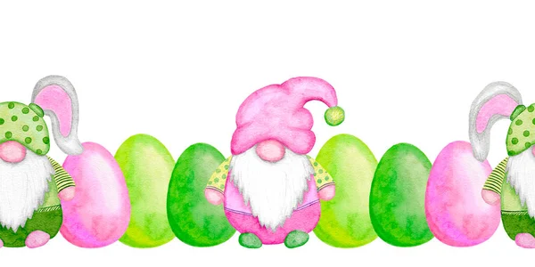 Paskalya yumurtaları cüceleriyle yatay çizilmiş kusursuz suluboya el, yeşil pembe fuşya çiçekli çizgi film tasarımı. Paskalya kartı davetleri için eğlenceli unsurlar içeren Nisan ayı bahar baskısı — Stok fotoğraf