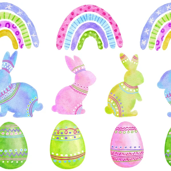 Watercolor seamless hand drawn pattern with Easter eggs bunnies rabbit raibows in pastel pink green blue colors. Spring april background for party decor wrapping paper textile. — Stock Photo, Image