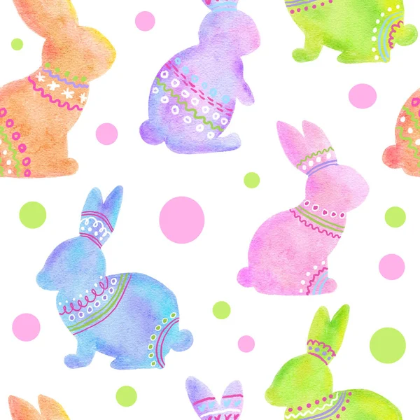 Акварель бесшовный ручной рисунок с пастельными кроликами Пасхальные кролики. Яркий красочный фон с изображением животных для религиозного праздника весенний декор, розово-голубой зеленый цвет травы горошек точка — стоковое фото