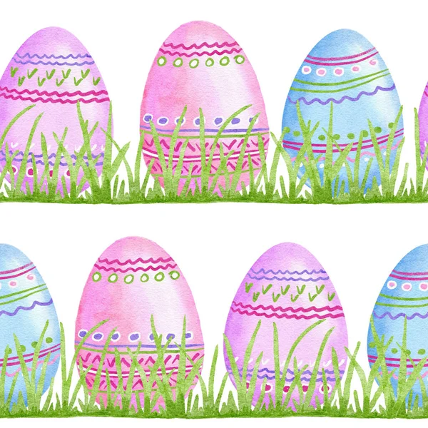 Padrão de mão sem costura aquarela desenhada com ovos de Páscoa coelhos coelho em pastel rosa verde azul cores. Fundo de abril de primavera para decoração de festa papel de embrulho têxtil. — Fotografia de Stock