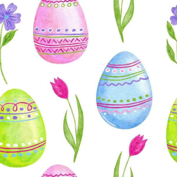 Watercolor seamless hand drawn pattern with Easter eggs bunnies rabbit in pastel pink green blue colors. Spring april background for party decor wrapping paper textile. — Stock Photo, Image