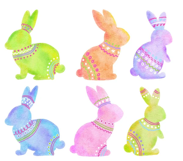 Acuarela dibujada a mano conejos de Pascua conejos en azul verde rosa naranja colores pastel. Primavera abril celebración diseño, animales lindos decorados con adornos étnicos, impresión divertida. —  Fotos de Stock