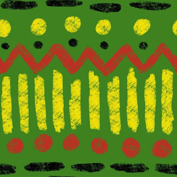 Afrika geometrik süs desenli el çizimi desen, Haziran özgürlük 1865 kumaş, sarı yeşil kırmızı soyut şekiller kente kumaş, etnik arka plan. — Stok fotoğraf