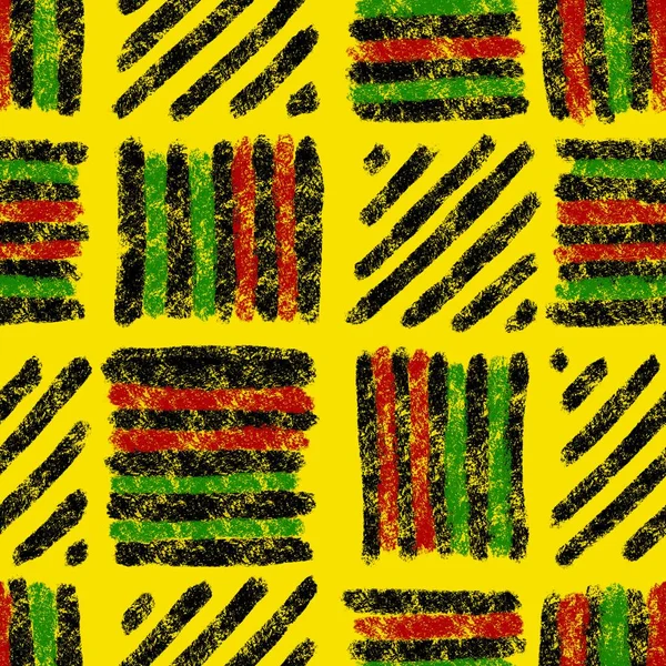 Ręcznie rysowany bezszwowy wzór z afrykańskim wzorem geometrycznym, tkanina czerwiec 1865, żółty zielony czerwony czarny abstrakcyjne kształty kente tkanina, tło etniczne. — Zdjęcie stockowe