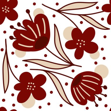 Tarafsız bej arka planda Burgundy Marsala çiçekleri ile el çizimi kusursuz çiçek deseni. Zarif kırmızı siyah beyaz yapraklar tekstil ambalaj kağıdı için çiçek açar. Yaz sonbahar düğünü