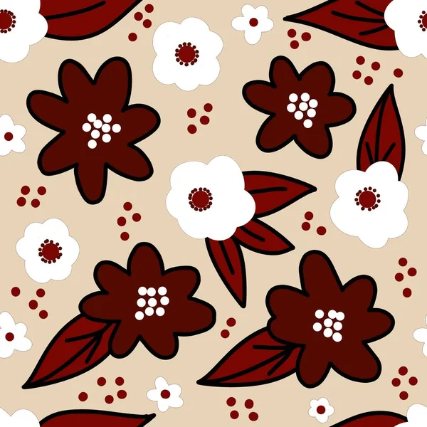 Hand drawn seamless floral pattern with burgundy marsala flowers on neutral beige background. Elegant red black white leaves petals blossom for textile wrapping paper. Summer fall autumn wedding in — Stock Photo, Image