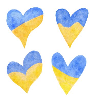 Ukrayna 'nın Ukrayna kalbi ile el çizimi kalp şekilleri UA bayrağının mavi sarı renginde, yardım konsepti, savaş tasarımını durdurun. Ukrayna basılı suluboya arkaplan ögeleri çıkartmaları için dua edin