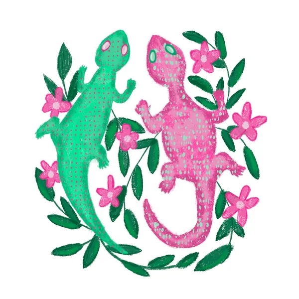 Ручна намальована ілюстрація зеленої і рожевої ящірки геко, барвиста яскрава амфібійна тварина в народному етнічному стилі з зеленим листям гілок і квітковим тлом . — стокове фото