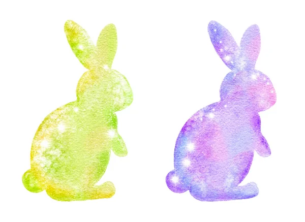 Suluboya Paskalya tavşanları parıldayan parlak desenli, pastel renk tasarımlı. Nisan ayı dini kutlamaları, davetiye baskıları için. — Stok fotoğraf