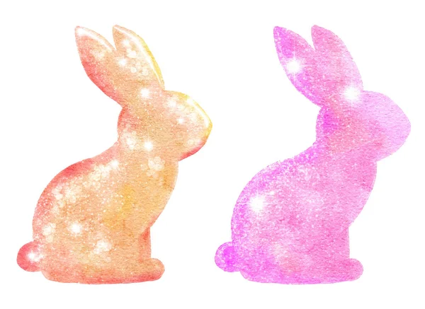 Akwarela Wielkanocne króliki z błyszczącymi błyszczącymi błyszczącymi tekstury brokatu, pastelowe kolory projektowania. Kwiecień wiosenne święto religijne, druk zaproszeń do druku. — Zdjęcie stockowe