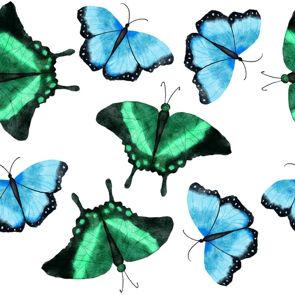 Acuarela dibujado a mano patrón sin costura con insectos mariposa libélula polilla. Brillante colorido azul verde naranja mariposas silvestres naturaleza fondo diseño para fondo de pantalla textil. — Foto de Stock