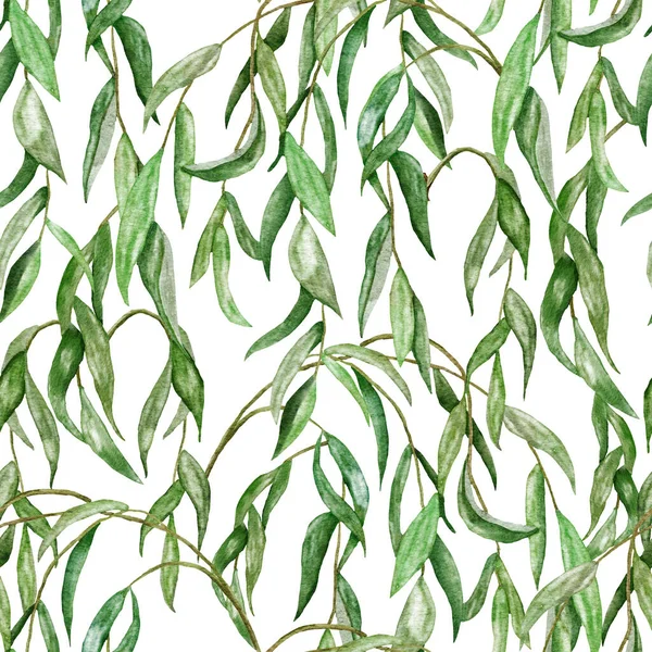 Akvarel bezešvný ručně kreslený vzor se zelenými listy vrbového listí. Elegantní vinobraní pozadí s lesní lesní design, viktoriánský styl organický tisk. — Stock fotografie