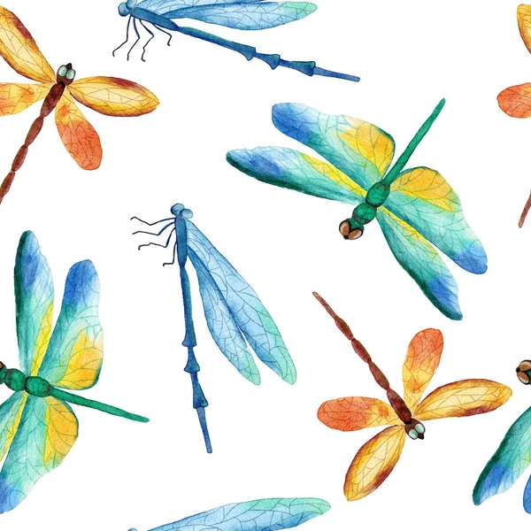 Watercolor hand drawn seamless pattern with butterfly dragonfly moth insects. Bright colorful blue green orange butterflies wild wildlife nature background design for textile wallpaper.