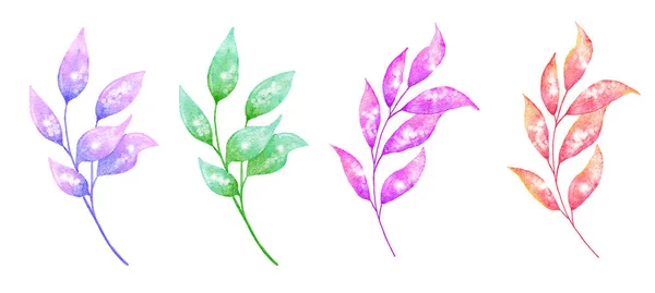 葉は水生で分枝します。光沢のある輝きのある光沢のある光沢のある質感とパステルの花のデザイン赤緑紫色のプリント。招待状のためのエレガントな結婚式のデザイン｜print. — ストック写真