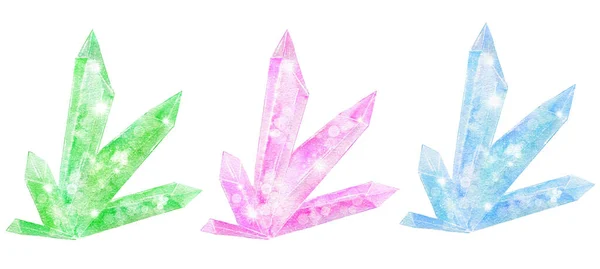 Aquarelillustratie van glanzende kristallen, glanzende edelstenen in pastelkleuren. Elementen voor sieraden amethist zirkoon magie mystiek ontwerp. — Stockfoto