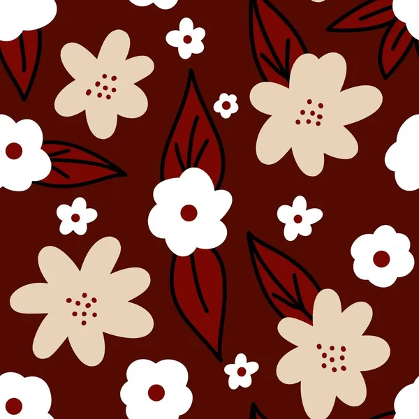 Handritad sömlös blommönster med vinröda marsala blommor på neutral beige bakgrund. Elegant röd svart vit blad kronblad blomma för textil omslagspapper. Sommaren höst höst bröllop — Stockfoto