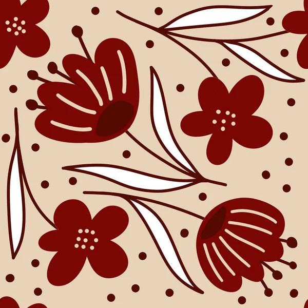 Padrão floral sem costura desenhado à mão com flores de marsala borgonha em fundo bege neutro. As pétalas de folhas brancas pretas vermelhas elegantes florescem para papel de embrulho têxtil. Verão outono outono casamento — Fotografia de Stock