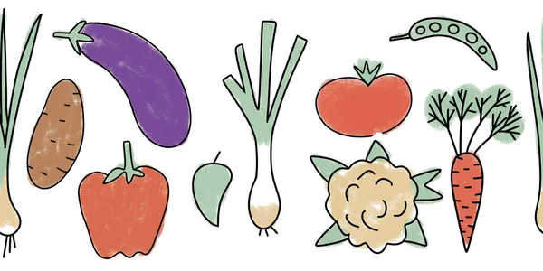 Ręcznie rysowane pozioma granica bez szwu ilustracja zdrowych warzyw organicznych, pomidor marchew por rzodkiew bakłażan kalafior pszczoły. Rynek naturalne warzywa żywności dieta w miękkich pastelowych kolorach. — Zdjęcie stockowe
