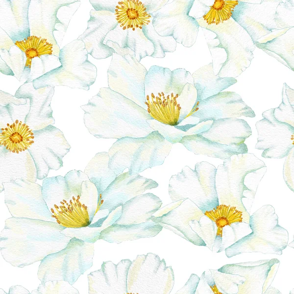 Aquarelle dessin à la main motif sans couture avec des fleurs florales sauvages roses feuilles branches. Feuille verte verdure blanc bleu dogrose impression fond. Design victorien élégant naturel pour papier peint textile. — Photo