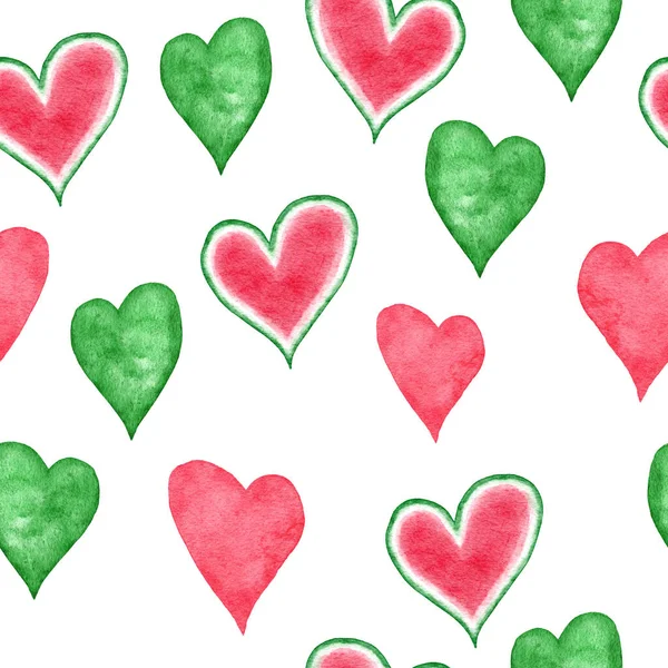 Watercolor seamless hand drawn pattern with red green abstract shapes elements watermelon hearts, bright summer background. Minimalist modern fabric print design for textile wallpaper wrapping paper — ストック写真