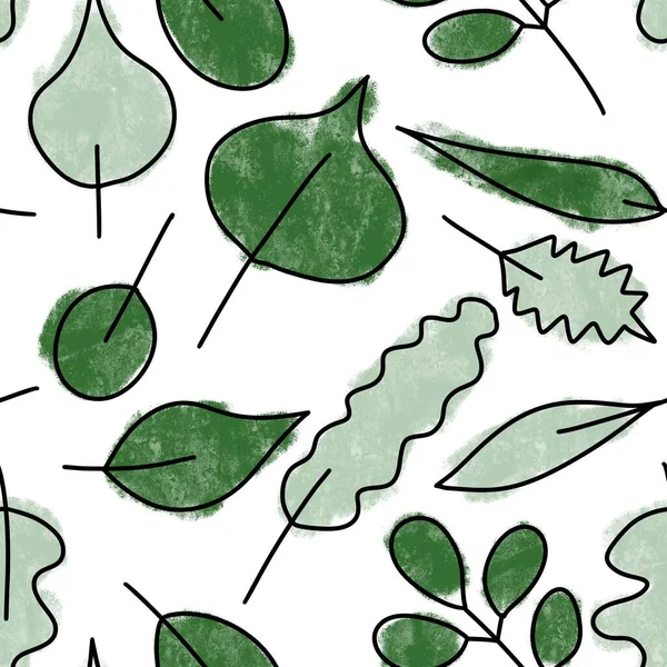 Met de hand getekend naadloos patroon met groene bladeren natuurlijk blad groen, wilde kruiden stof print ontwerp, stedelijke jungle plant dame cadeau. Elegante bladerachtergrond voor behangtextiel.. — Stockfoto