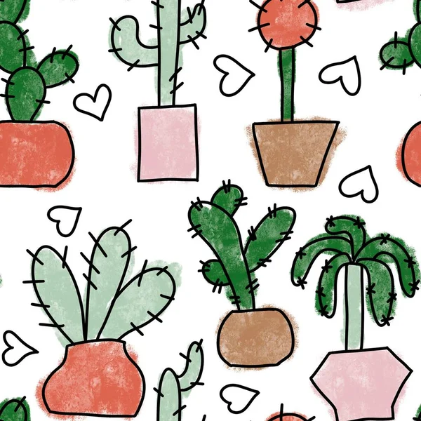 Seamless hand drawn pattern with houseplants, indoor plants flowers in pots, green leaves potted herbs. Urban jungle concept zz plant monstera snake plant peace lily cactus cacti. — Stok fotoğraf