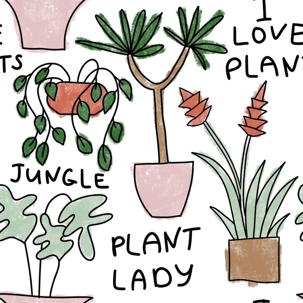 Seamless hand drawn pattern with houseplants, indoor plants flowers in pots, green leaves potted herbs. Urban jungle concept zz plant monstera snake plant peace lily cactus cacti. — Stock fotografie