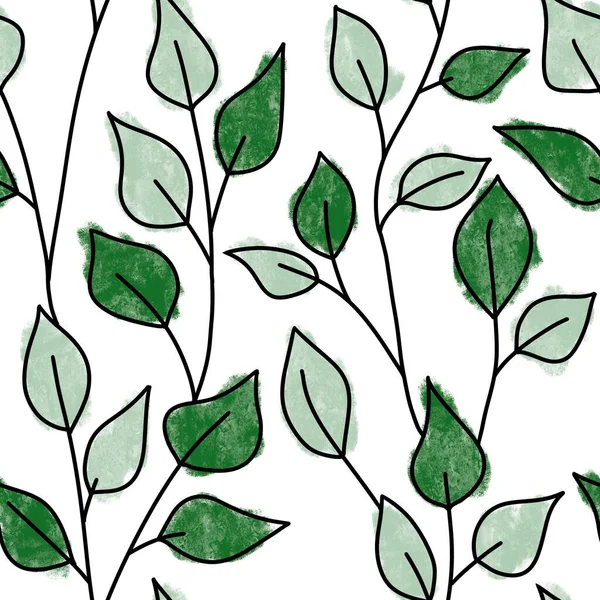 Handritat sömlöst mönster med gröna blad naturlig grönska, vilda örter tyg print design, urban djungel växt dam gåva. Elegant bladverk bakgrund för tapet textil.. — Stockfoto