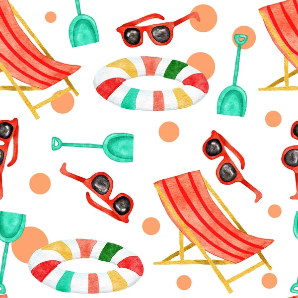 Акварельна рука намальована безшовним візерунком з пляжним відпочинком літні канікули. Морські океанські морські елементи купальник фламінго пальмовий тропічний дизайн Гаваї. Шапка морозива . — стокове фото