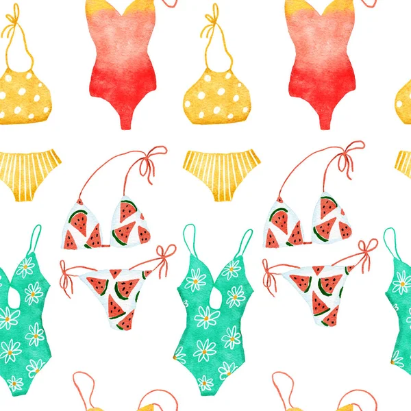 Watercolor hand drawn seamless pattern with beach vibe holiday summer vacation. Sea ocean nautical elements swimwear swimsuit flamingo palm tropical hawaii design. Ice cream bag hat. — Photo