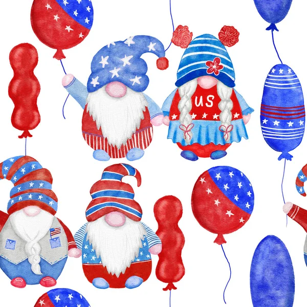 Watercolor hand drawn seamless border with 4th of july gnomes background, fourth of july Independence day patriotic print, red blue white balloons gifts, summer party decoration, stars and stripes. — 스톡 사진