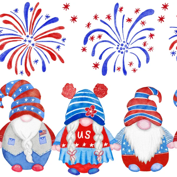 Watercolor hand drawn seamless border with 4th of july gnomes background, fourth of july Independence day patriotic print, red blue white balloons gifts, summer party decoration, stars and stripes. — Φωτογραφία Αρχείου
