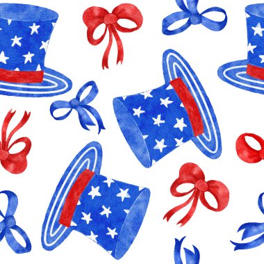Suluboya el kusursuz vatansever Amerikan desenli 4 Temmuz balonları kalp çiçekleri ile çizildi. 4 Temmuz Bağımsızlık Günü ABD kumaş baskısı, mavi kırmızı beyaz arka plan yıldız çizgileri.