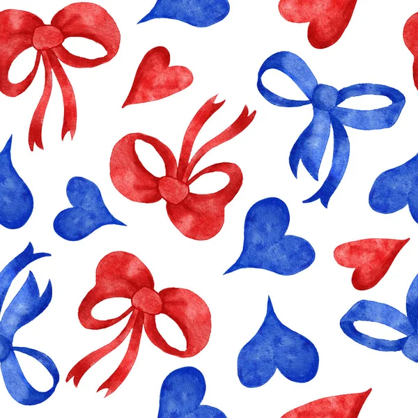 Acuarela dibujada a mano sin costuras patrón patriótico americano con 4 de julio globos corazones sombrero flores. Cuatro de julio Día de la Independencia Estampado de tela estadounidense, fondo azul rojo blanco estrellas rayas. —  Fotos de Stock