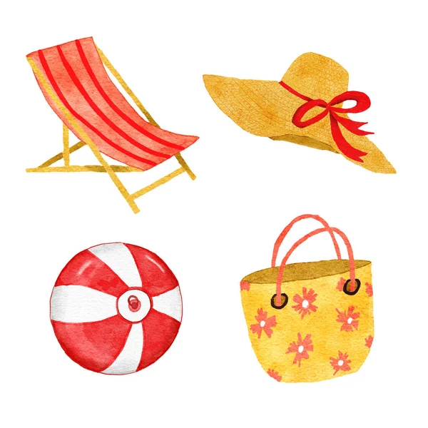 Watercolor hand drawn illustration of beach deck folding chair in red orange yellow colors, summer straw hat vacation holiday ball, tote bag for getaway fashion. . — Stok Foto