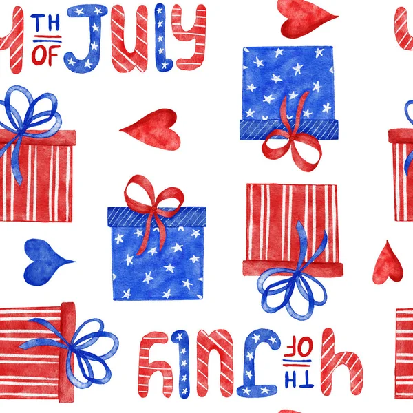 Watercolor hand drawn seamless patriotic american pattern with 4th of july balloons hearts hat flowers. Fourth of july Independence day US fabric print, blue red white background stars stripes. — Φωτογραφία Αρχείου