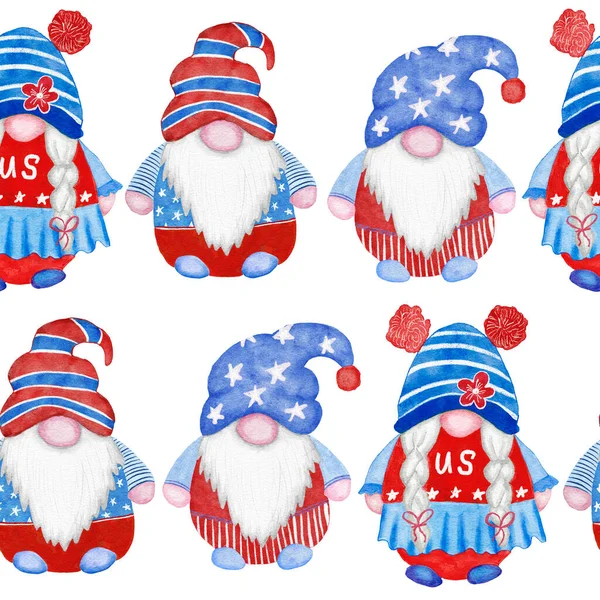 Watercolor hand drawn seamless border with 4th of july gnomes background, fourth of july Independence day patriotic print, red blue white balloons gifts, summer party decoration, stars and stripes. — 스톡 사진