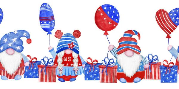 Watercolor seamless hand drawn horizontal border with 4th of July gnomes, Forth of july patriotic American design with nordic gnomes in blue red white hats balloons gifts. US celebration print. — Φωτογραφία Αρχείου
