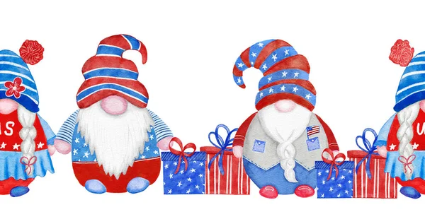 Watercolor seamless hand drawn horizontal border with 4th of July gnomes, Forth of july patriotic American design with nordic gnomes in blue red white hats balloons gifts. US celebration print. — 스톡 사진