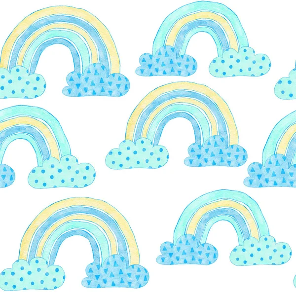 Handgezeichnetes, nahtloses Muster aus blauem Jungen-Baby-Duschstoff. Pastell Kinderzimmer Sterne Regenbogen Luftballons Wolken. Niedliche kawaii Geburtstag einladen Einladung Illustration Design Transport Auto. — Stockfoto