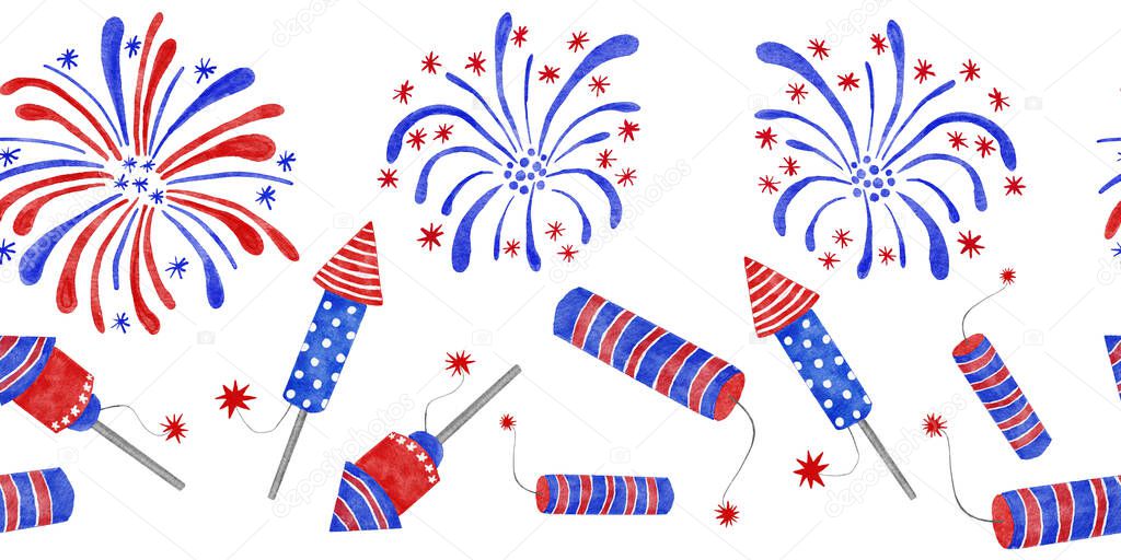 Watercolor seamless hand drawn horizontal border with 4th of July fireworks fire crackers, Fouth of july patriotic American design with party elements in blue red white colors. US celebration print
