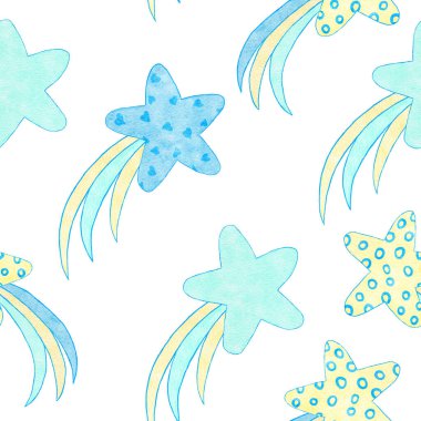Watercolor hand drawn seamless pattern of blue boy baby shower fabric print. Pastel nursery stars rainbow balloons clouds. Cute kawaii birthday invite invitation illustration design transport car.