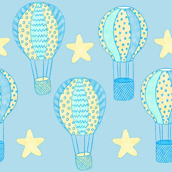 Watercolor hand drawn seamless pattern of blue boy baby shower fabric print. Pastel nursery stars rainbow balloons clouds. Cute kawaii birthday invite invitation illustration design transport car. — ストック写真