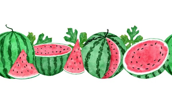 Watercolor hand drawn seamless horizontal border with red green watermelon, summer fruit seeds slices. Vegetarian vegan healthy food frame, tropical jungle vacation holiday concept. —  Fotos de Stock