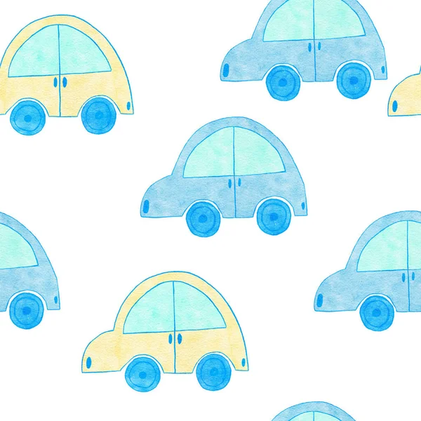 Akvarel ručně kreslené bezešvné vzor modrý chlapec dítě sprcha tkaniny potisk. Pastelové mateřské hvězdy duhové balónky mraky. Roztomilé kawaii narozeniny pozvat pozvání ilustrační design dopravní auto. — Stock fotografie