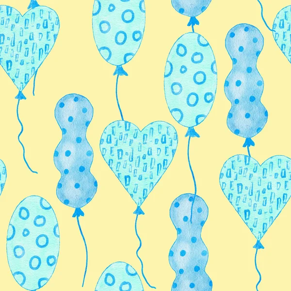 Watercolor hand drawn seamless pattern of blue boy baby shower fabric print. Pastel nursery stars rainbow balloons clouds. Cute kawaii birthday invite invitation illustration design transport car. — 图库照片