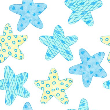 Watercolor hand drawn seamless pattern of blue boy baby shower fabric print. Pastel nursery stars rainbow balloons clouds. Cute kawaii birthday invite invitation illustration design transport car.