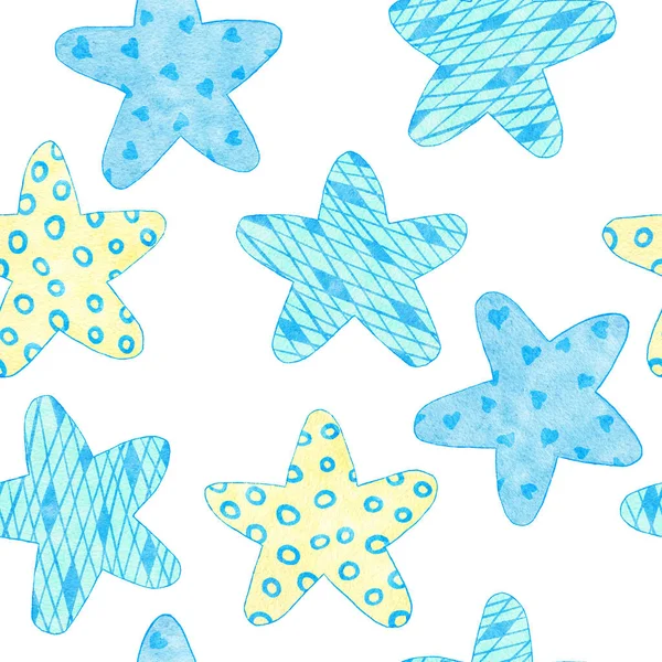 Vannfarget håndtegnet sømløst mønster av blått guttedusjstofftrykk. Pastel barnehage stjerner regnbue ballonger skyer. Søt kawaii invitasjon til bursdagsinvitasjon - illustrasjon på transportbil. – stockfoto
