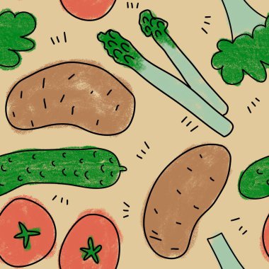 Sebzeli, vejetaryen vejetaryen tasarımlı, el yapımı, pürüzsüz bir desen. Domates patatesi havuç lahana soğan soğan zili kağıt kumaş baskısı. Retro vintage mutfak tekstil arka planı, sağlıklı yiyecekler.